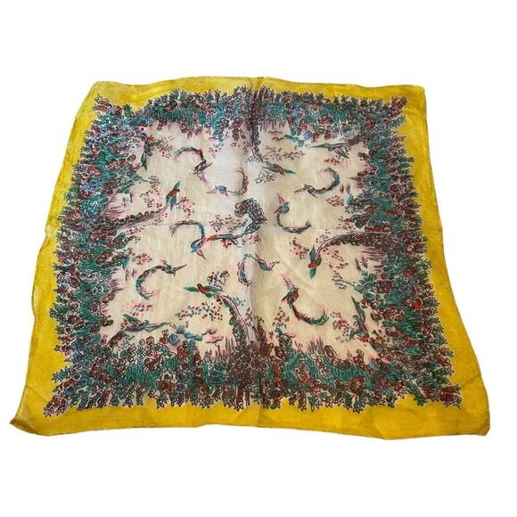 Vtg Rico Scarf Made in Japan Birds Yellow Square 100% Silk Hand Rolled 16.5” Sq - Picture 1 of 5